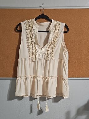 Cupshe Cream Sleeveless Boho Tassel Peasant Top